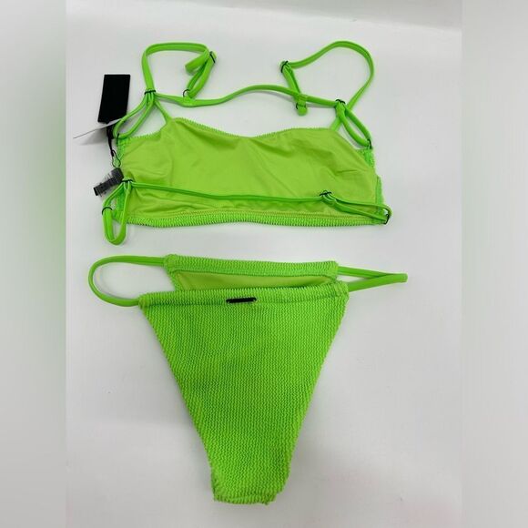 Kendall + Kylie Neon Lime Green Bandeau Strappy Swimsuit Bikini Set Sz L - Picture 3 of 5